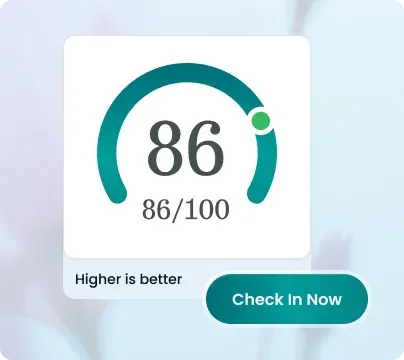 Care Signal interface showing a wellbeing score and check-in action.