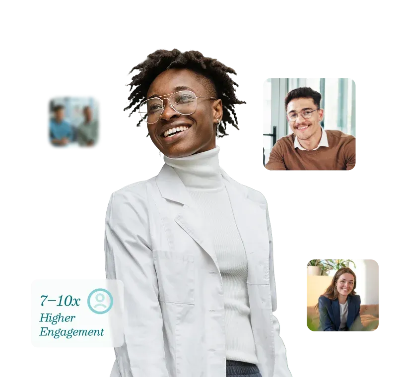 A smiling benefits consultant surrounded by people cards and a higher engagement statistic.