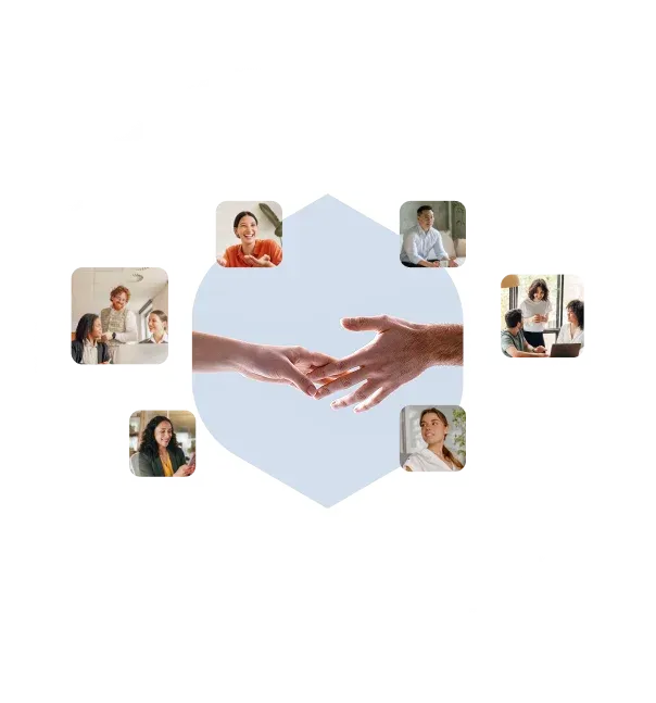 Hands reaching toward each other inside a soft geometric frame, surrounded by people supported by Samata Health.