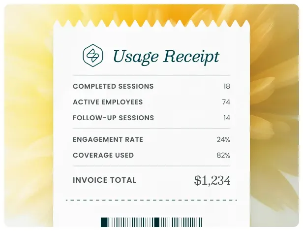 A usage receipt showing completed sessions, engagement rate, coverage used, and invoice total.